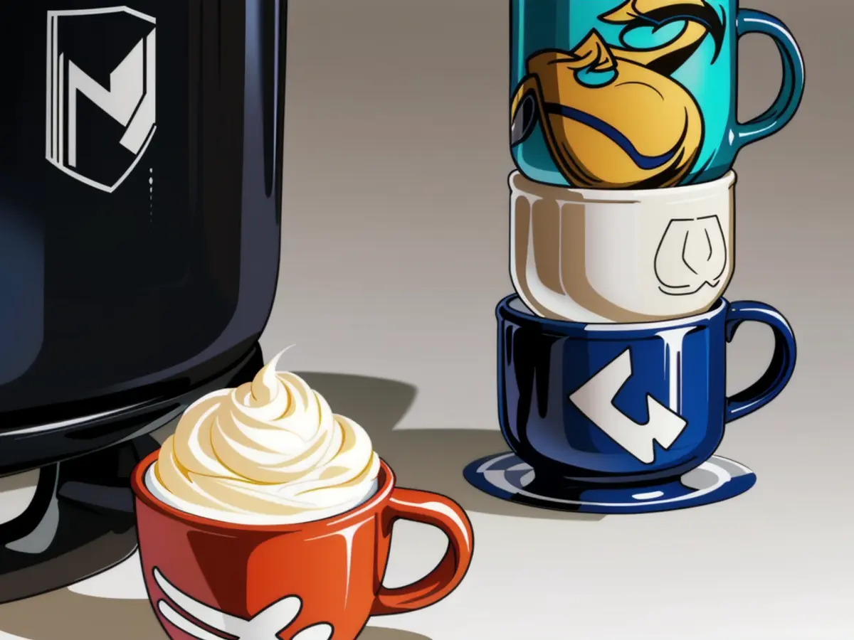 Four multi-colored mugs arranged in a stack of three, with the fourth containing whipped cream. Four multicolored mugs arranged in a stack, with one containing a heaping of whipped cream.