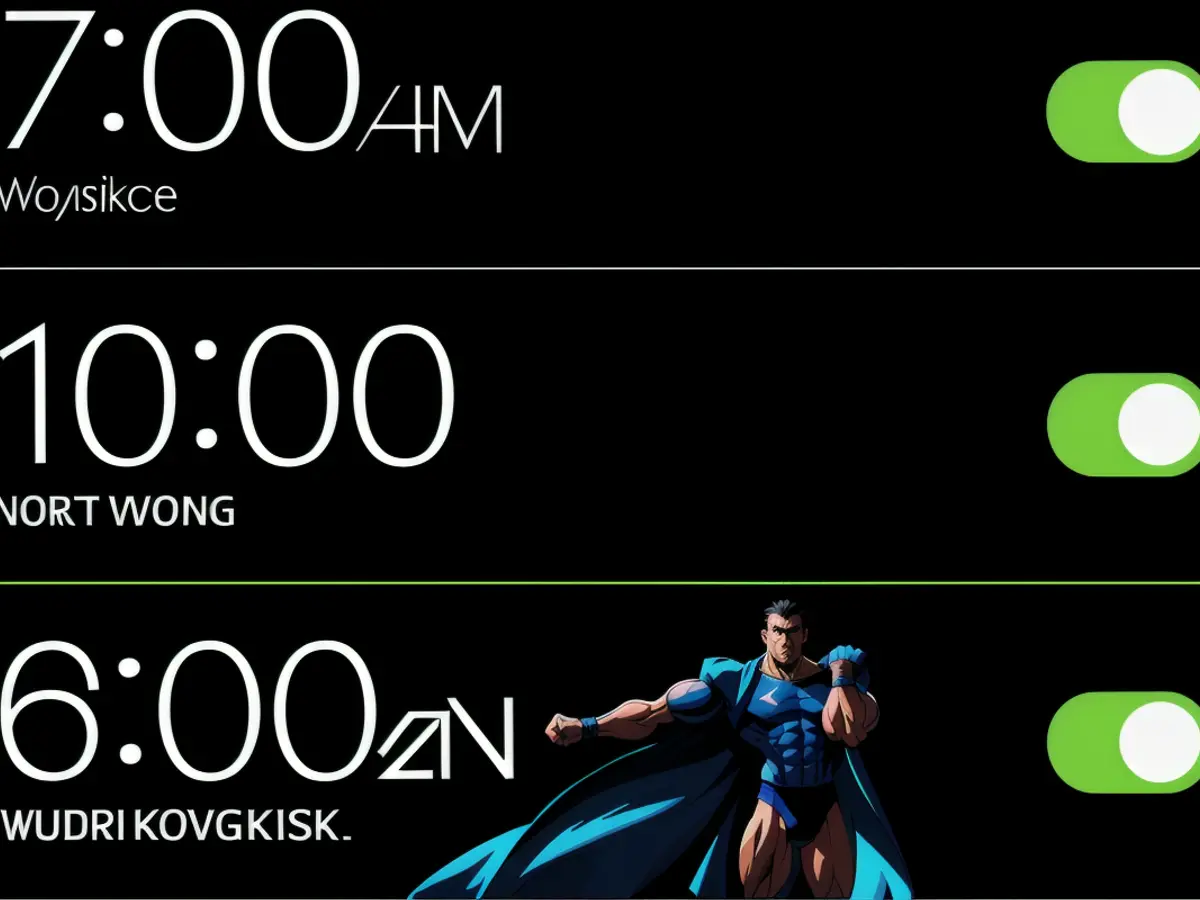 Alarm reminders set for 7:00 AM (wake up), 10:00 AM (begin work), and 6:00 PM (end work).