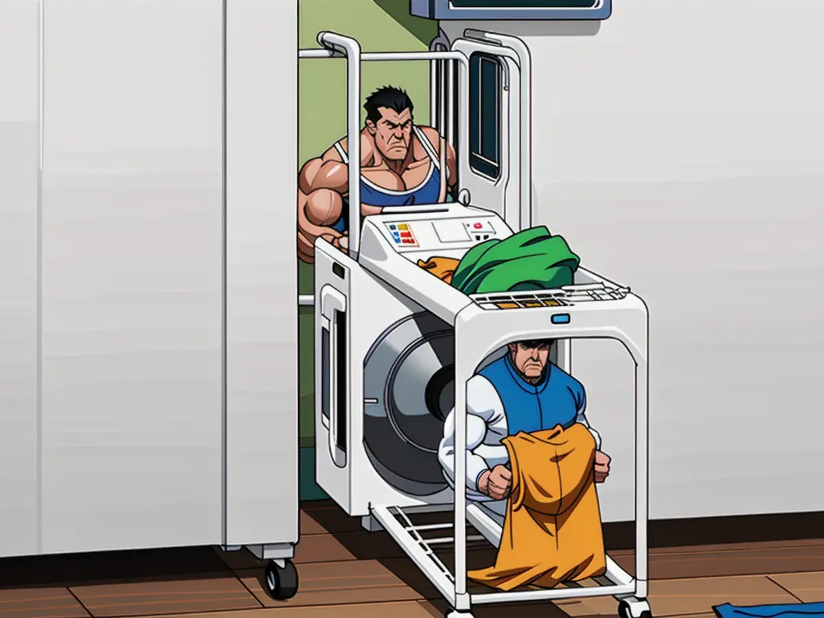 Rolling utility cart, clad in white, positioned between a washing machine and a dryer Rolling utility cart featuring three levels, positioned amidst a washing machine and a dryer