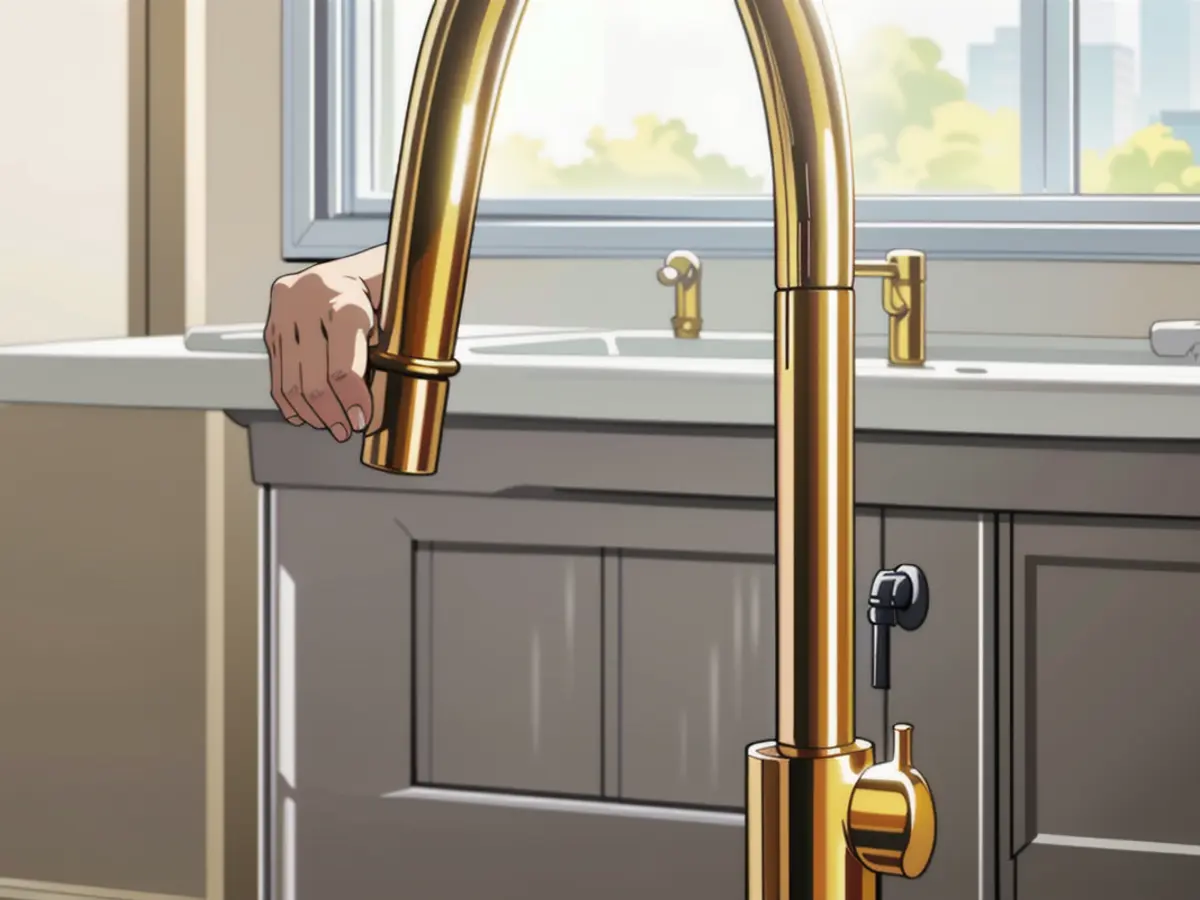 Golden-colored faucet appliance Golden tap with a gold-hued finish