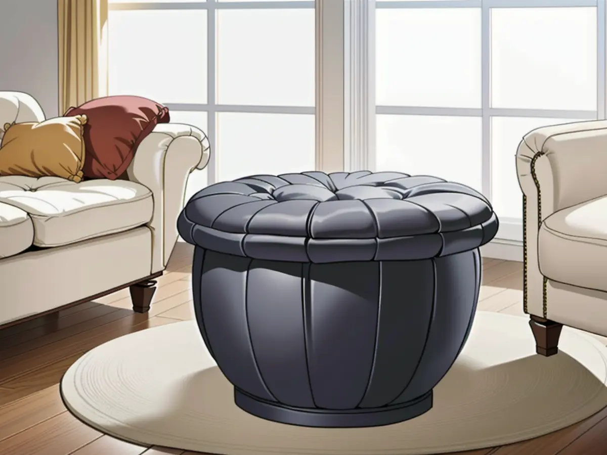 A picture showcases a stylish round storage ottoman, featuring a trendy tufted linen top adorned with nail-head trim. Photograph showcases a fashionable round ottoman, boasting a tufted top in linen fabric, adorned with nail-head accents.