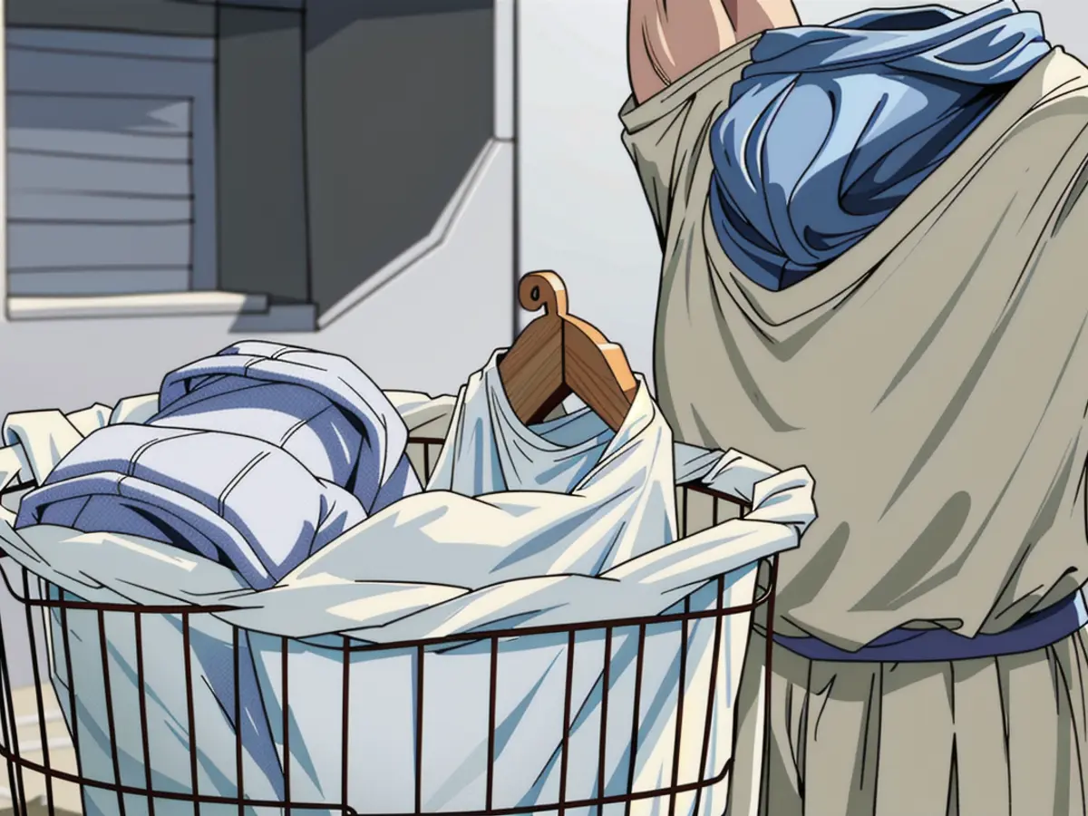 Wrap laundry baskets with a liner made of white fabric. Outfit laundry baskets with white fabric liners.