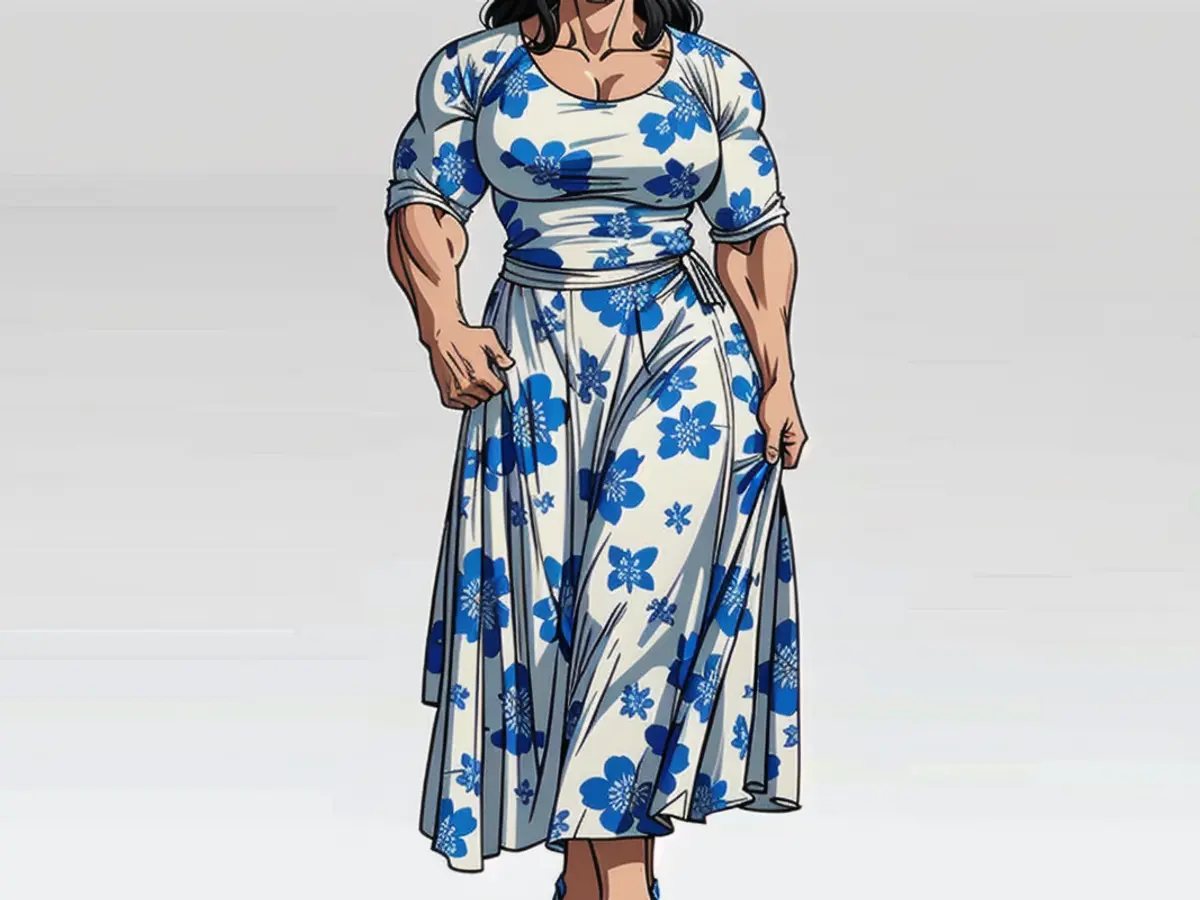 Dressed in a multi-layered blue and white floral-patterned skirt, a female model is featured.
