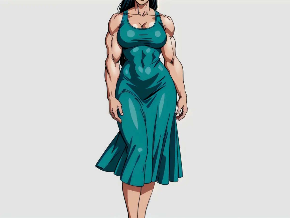 A model adorned in a teal midi slip dress featuring a round neckline.
