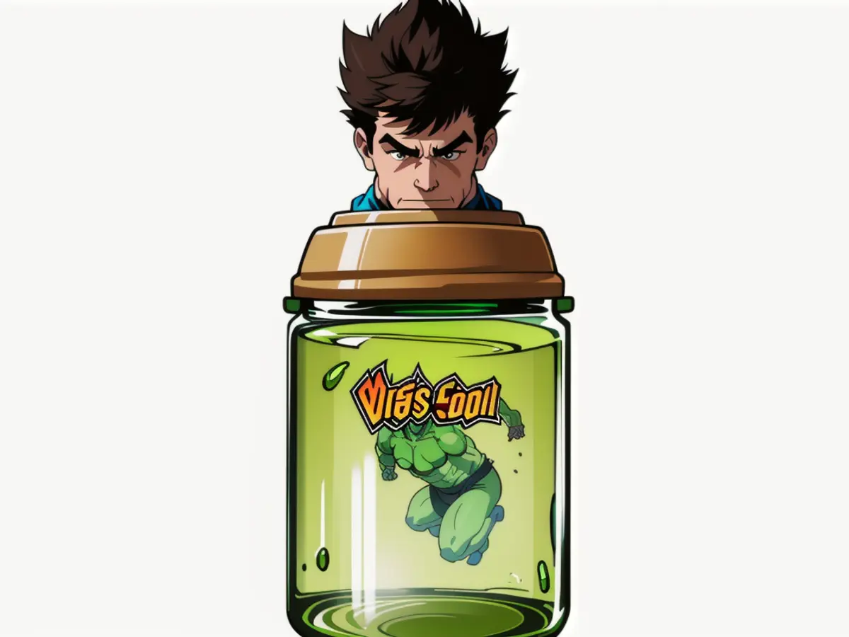 A container, colored green and brown, filled with hair nourishing oil. Brown-tinted and verdant jar filled with nourishing hair oil