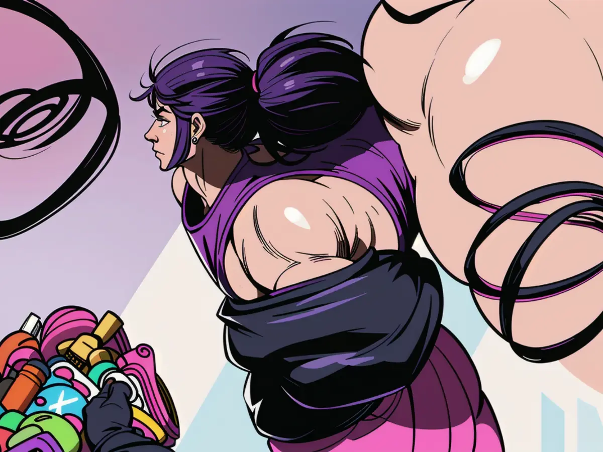 Black scrunchies (accompanied by pink, purple, and other hair-styling accessories) encased within pink and purple containers. Black hair accessories, including ponytail holders, encased in pink and purple packaging along with other hair-related items.