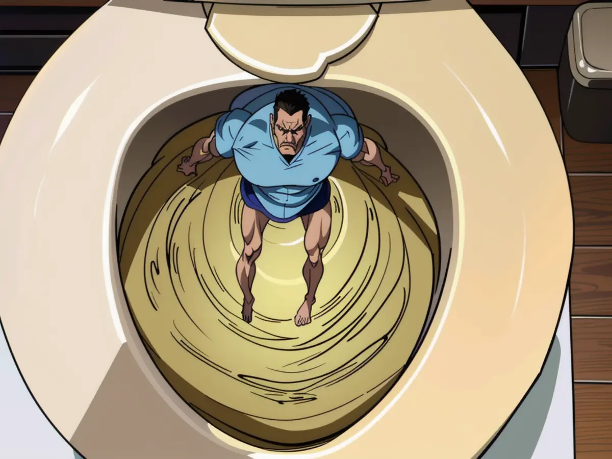 Image showing a soil-colored toilet bowl with visible dark yellow and brown spots. Toilet bowl inspection by reviewer, showcasing discolored stains of a dark yellow and brown hue.