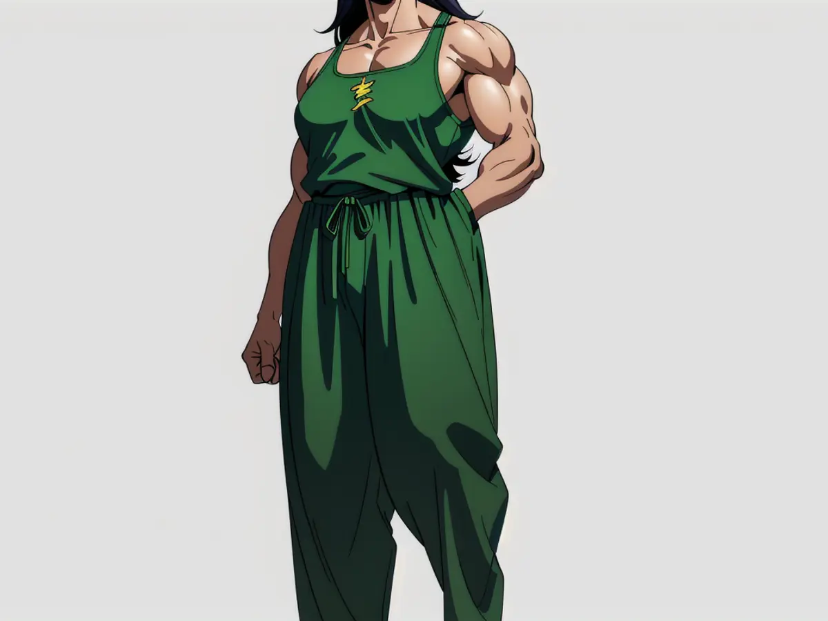 Person donning a green jumpsuit in outfit selection Jumpsuit-clad model sporting green attire