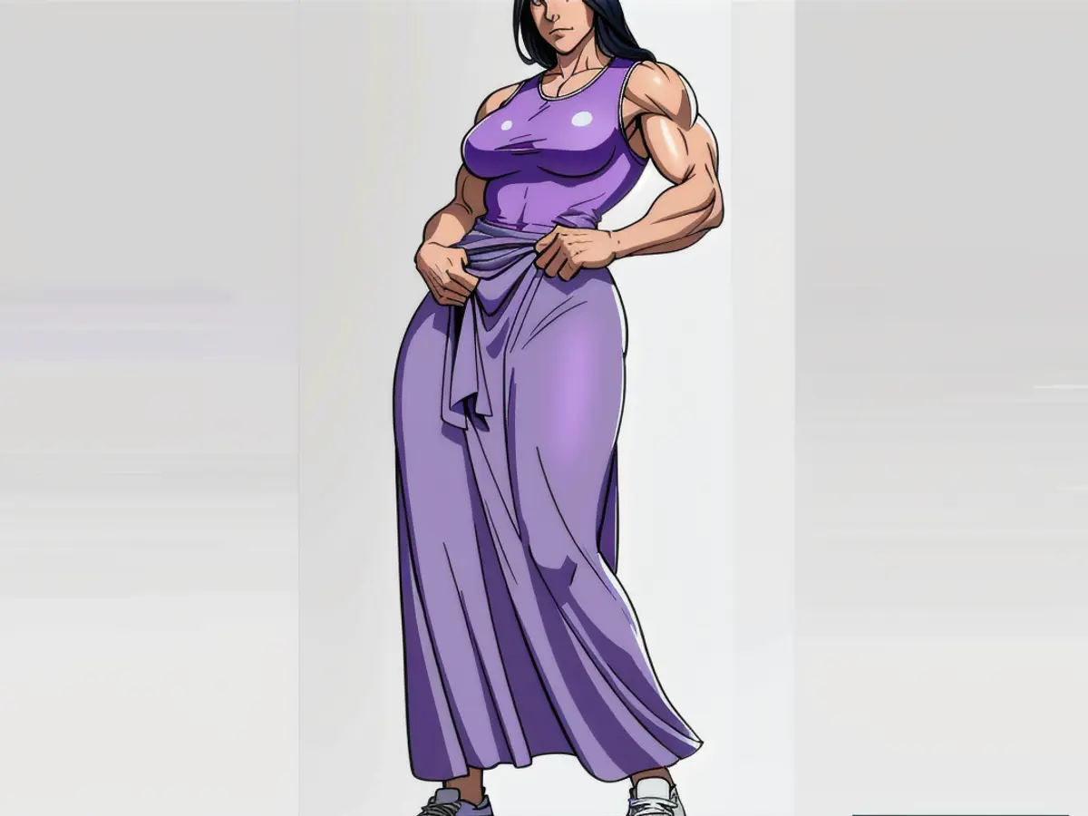 Woman adorned in a lavender gown and white footwear. Purple-dressed woman in white footwear makes a stylish appearance.