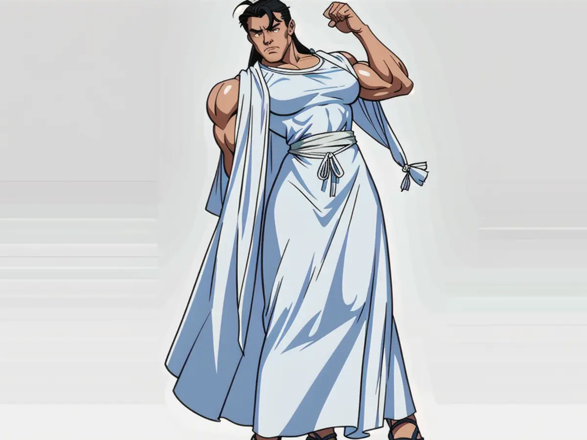 Model adorned in a blue-and-white gown, complemented by nude sandals. Model adorning a blue-and-white gown, complemented by nude footwear.