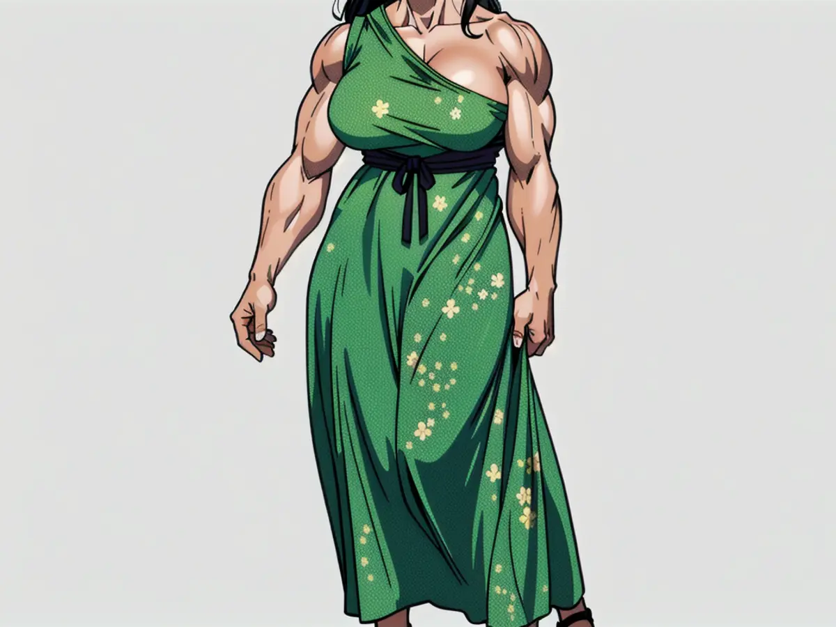 Individual donning a floral-patterned green dress paired with black sandals Woman sporting a floral green dress alongside black sandals as her footwear.