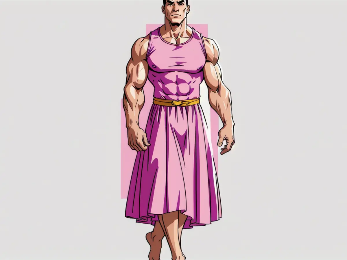 Woman adorned in a rosy gown. Woman adorned in a pink frock fashion attire.