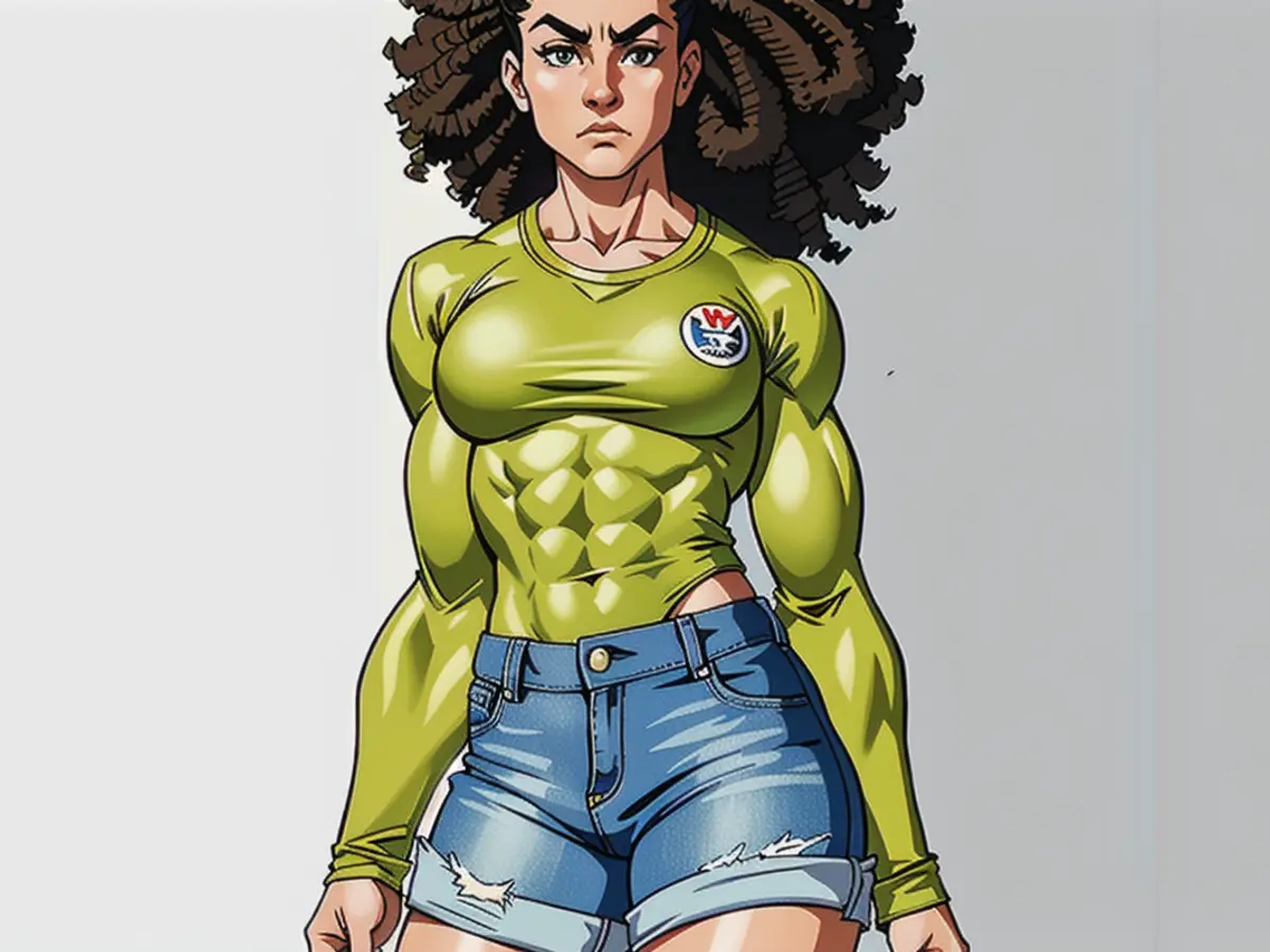 Model sporting a denim miniskirt and green blouse in her ensemble. Model sporting denim miniskirt and green top clothing ensemble.