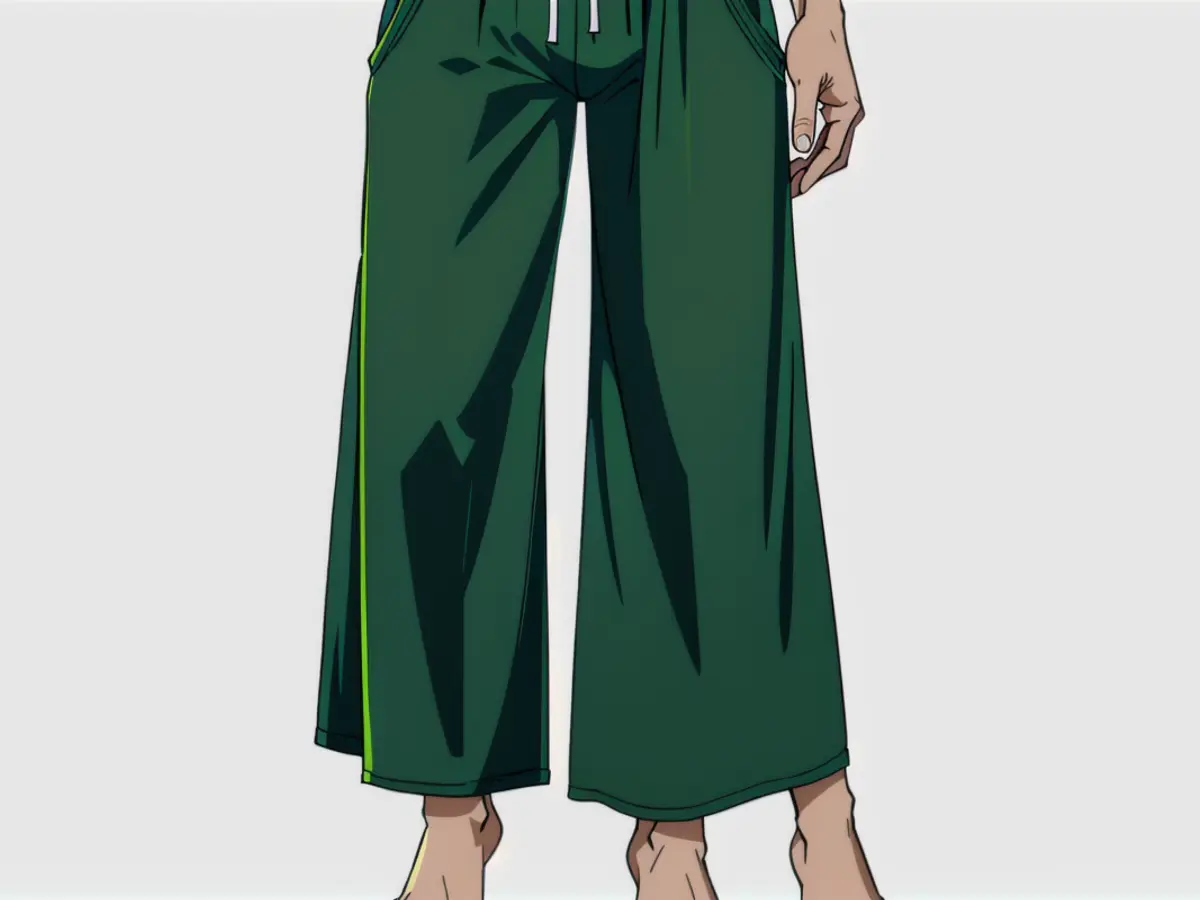 Person donning green trousers on display. Individual sporting distinctive green trousers