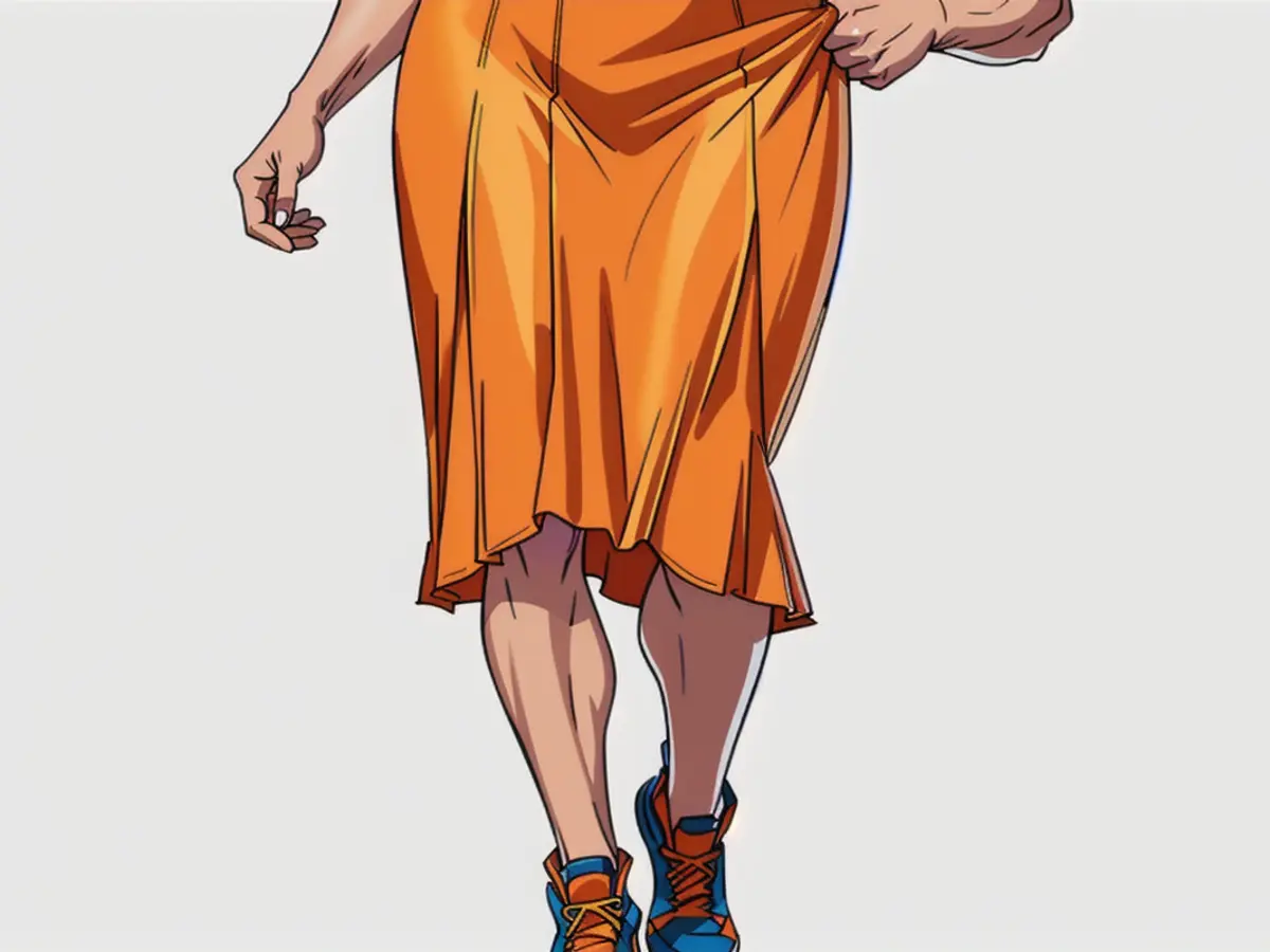 Woman adorned in coordinating orange skirt and top ensemble. Woman donning vibrant orange ensemble, comprising a skirt and top.