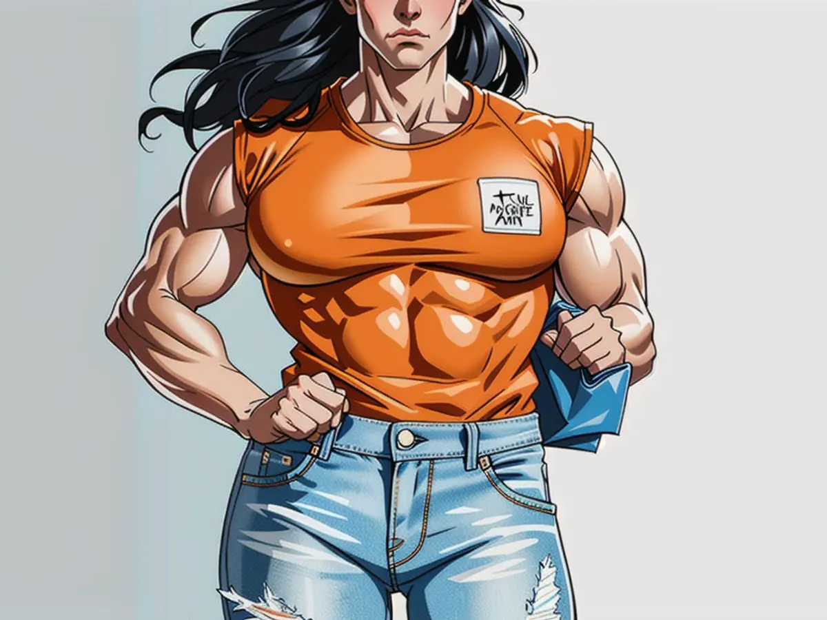 Model donning a light-wash denim miniskirt, paired with an orange blouse and a blue accessory. Model sporting a light-toned denim miniskirt, complemented by an orange top and a matching blue handbag.