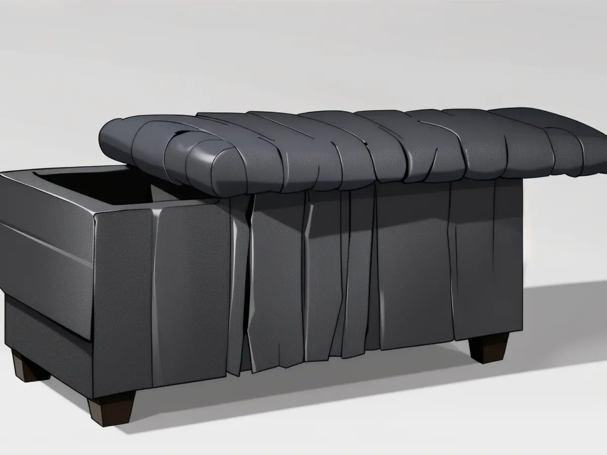 A somber, dark gray storage bench is under discussion. A gloomy, charcoal-hued seating structure for storage purposes.