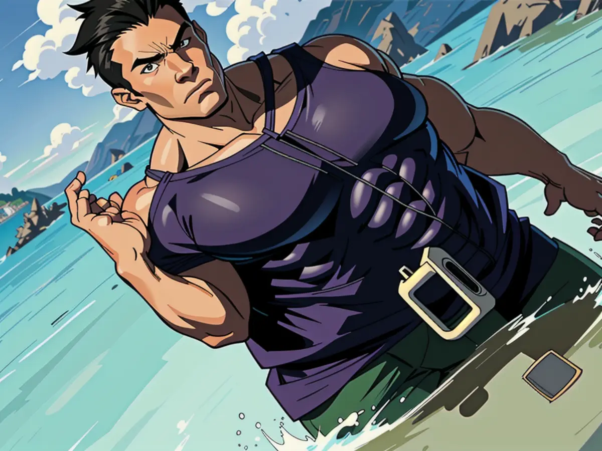 Individual submerged in water with phone safeguarded in watertight protective casing worn around neck Individual sporting waterproof phone case around neck, submerged in water.