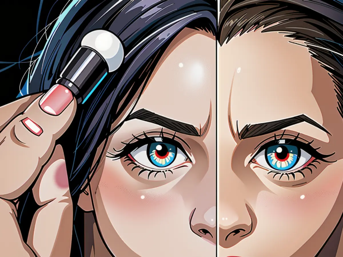 Concealer demonstration with a sponge applicator, displaying the contrast between an unconcealed eye with a prominent dark circle and a concealed eye with minimal dark circle visible. Showcase of Concealer Application: Demonstration of Sponge Applicator, Before-After Comparison of Eye with and Without Concealer, Noticeable Dark Circle Absence After Application