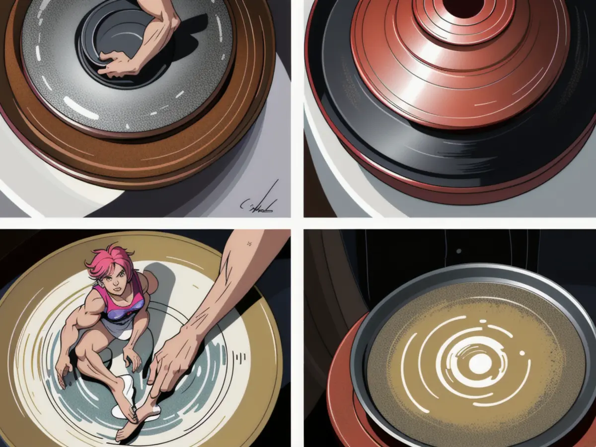From left to right, the comparison shows a rusty pan versus a pan with fewer rust stains and more silver shine, both following application of the pink cleaning paste. From left to right: Rusty frying pan and another pan with minimal rust spots and a polished silver finish, achieved through the application of a pink cleaning paste.