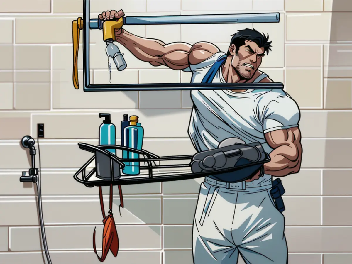 Large shampoo and skincare bottles, adhered to a white tiled shower wall via suction cups, seen on similar shower caddies. Large shampoo bottles and skincare products, suction-cupped on a white tile shower wall, found alongside shower caddies.