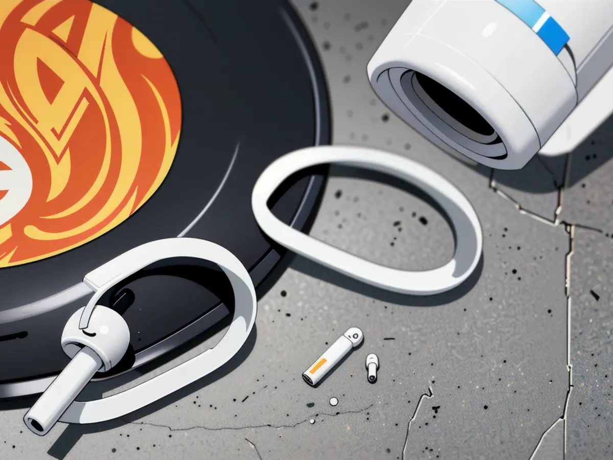 Securing base attachment for white AirPods via hook design. White AirPod ear hooks fasten to AirPods base.