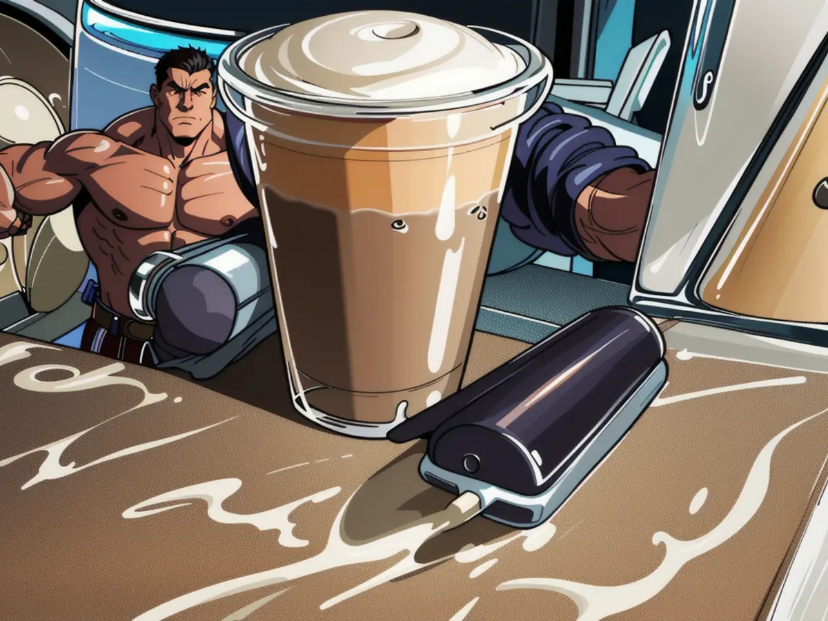 Glass brimming with frothy iced coffee, milk, and vanilla syrup featured prominently, accompanied by a handheld frother. Handheld frother used to create frothy iced coffee drink, consisting of milk, vanilla syrup, and presented in a glass.