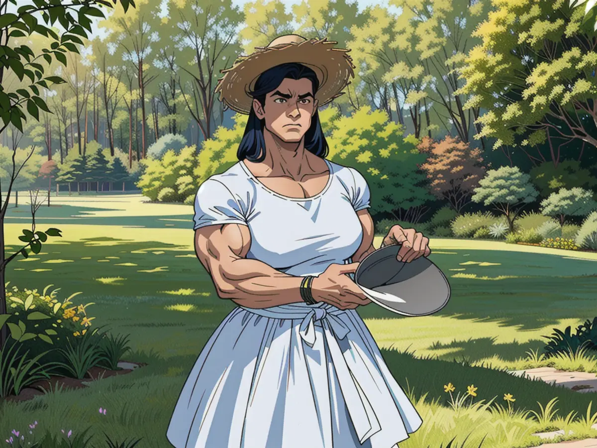 Critic donning a white dress and straw hat evaluates performance A fashion critic donning a white gown and a straw hat.