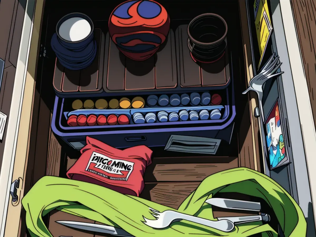 Disordered arrangement of assorted cutlery within an open drawer, previously shown in a review. Disorganized drawer content showcased in a 'before' image, featuring assorted utensils scattered across.