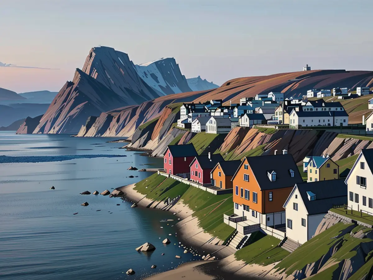 Coastal cliffs of Nuuk, Greenland adorned with vividly-painted dwellings overlooking the seashore.
