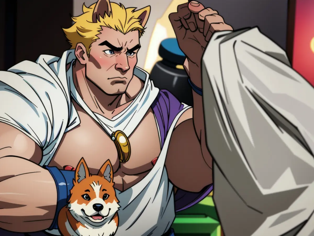Image depicting a Corgi wearing a ring that appears slightly smaller compared to its head size. Image of a Corgi sporting a ring that appears somewhat dwarfed by its head size
