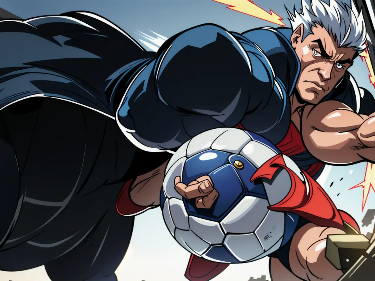 Image depicts a reviewer, dog standing on color contrast background, gnawing on a blue soccer ball with a pull tab. Dog photograph showcasing a canine, predominantly black and white, biting into a blue soccer ball tab.