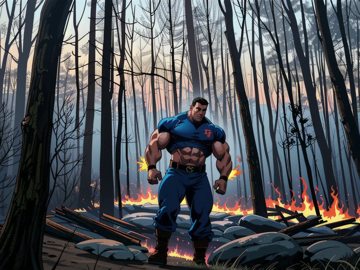 Firefighter Sam Mills of Troutman Fire Department monitors a preventative blaze to halt the advancement of Deep Woods Fire in Columbus, North Carolina, on a Sunday. Firefighter Sam Mills of the Troutman Fire Department monitors a backburn flame to halt the advance of the Deep Woods Fire in Columbus, North Carolina, on a Sunday.