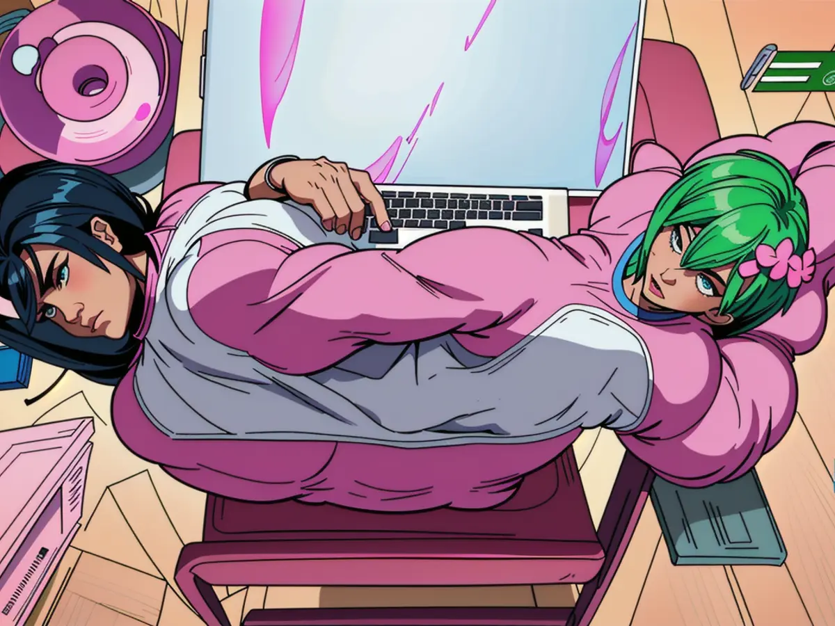 Pink and green keyboard, accompanied by a pink laptop, adorn a vibrant workstation desk.