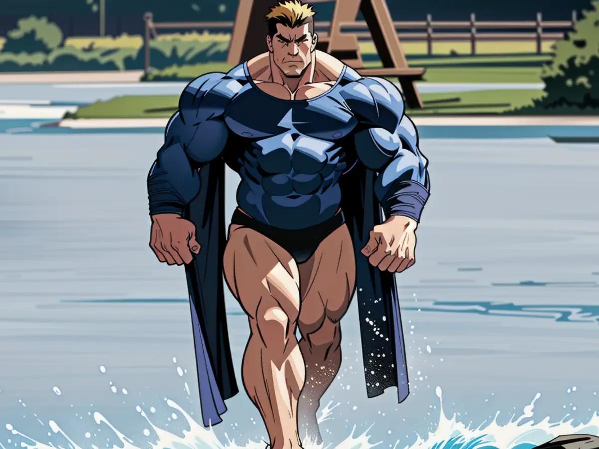 Assessor in a black swimming outfit and beach attire evaluates the product. Swimwear Critic Donning Black Swimsuit and Overlay