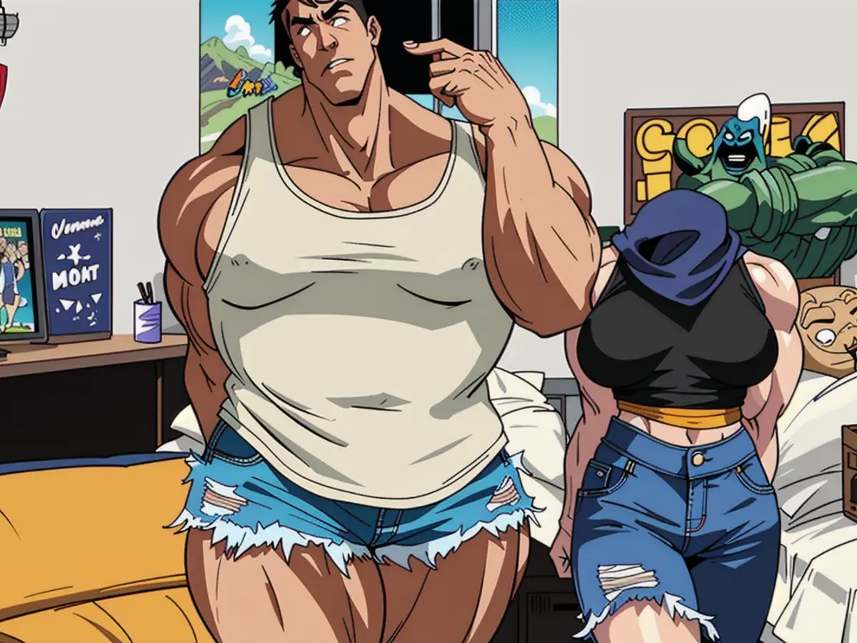 Individual adorning a tank top and denim shorts as attire. Individual sporting a tank top and denim shorts as attire.