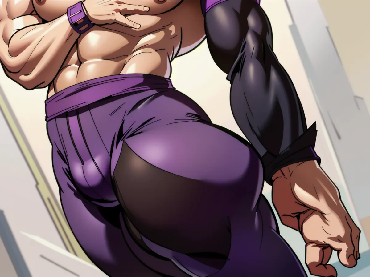 Critic donning purple-hued spandex pants evaluates... Individual Appraising While Clad in Purple Tights