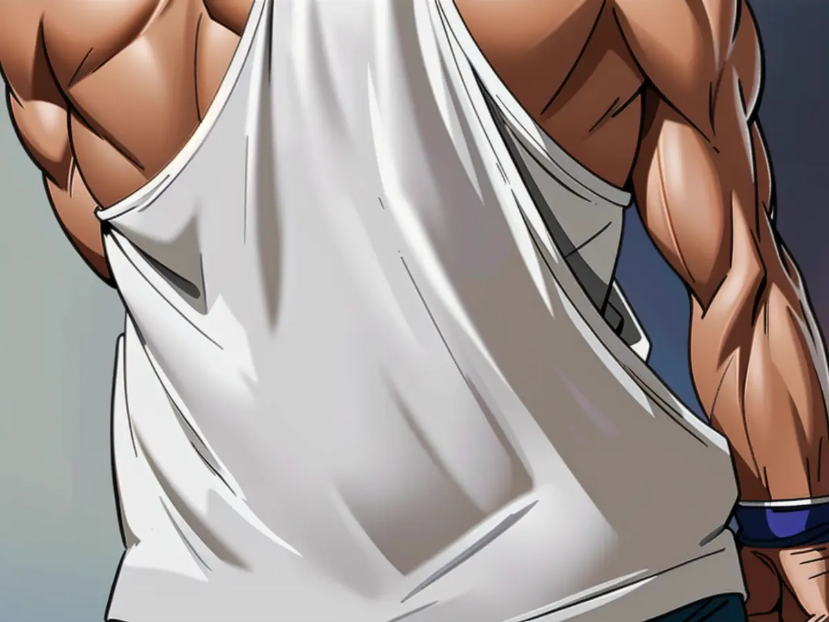 Display illustrates rear outline of half-tucked tank top. Display illustrates rear design of exposed tank top