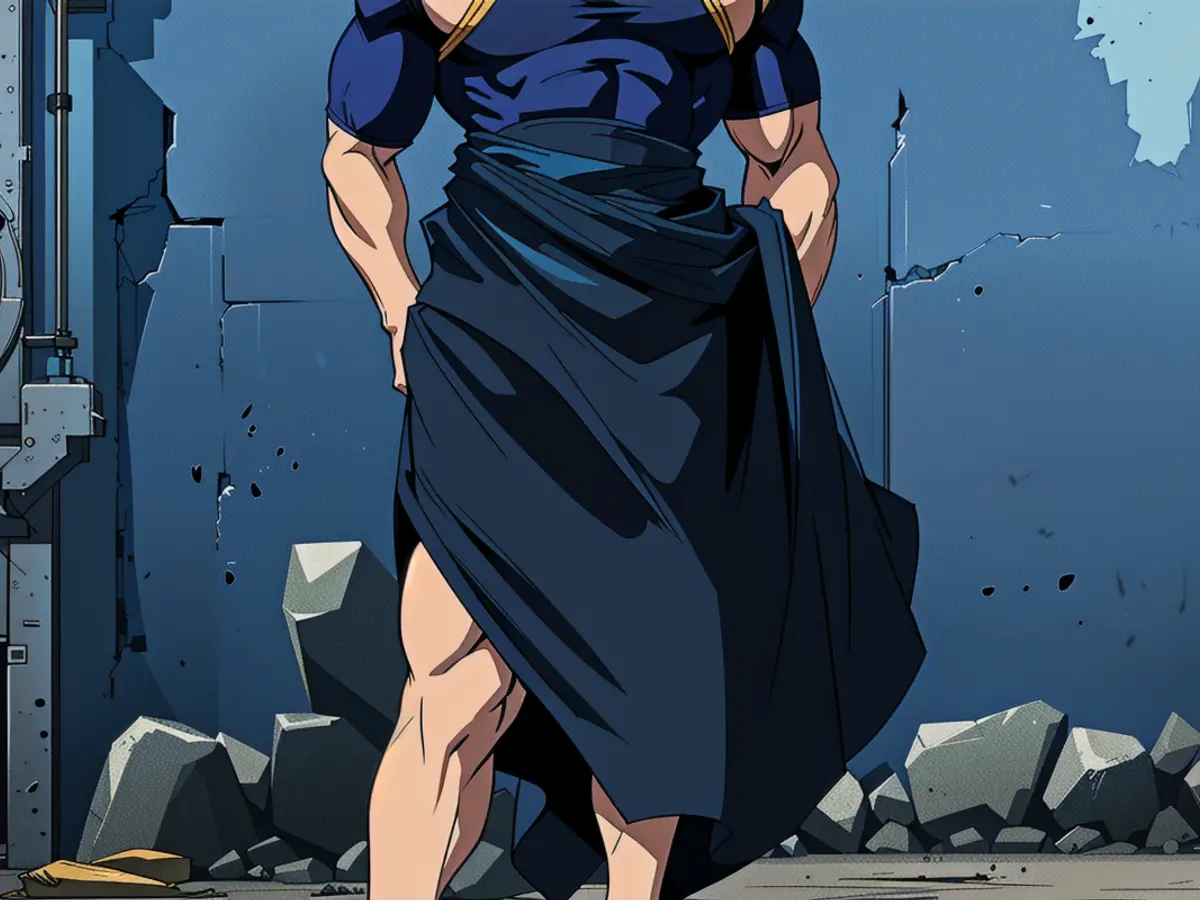 Assessor in navy-blue attire appraisal event Individual critiquing while adorned in a navy-hued gown