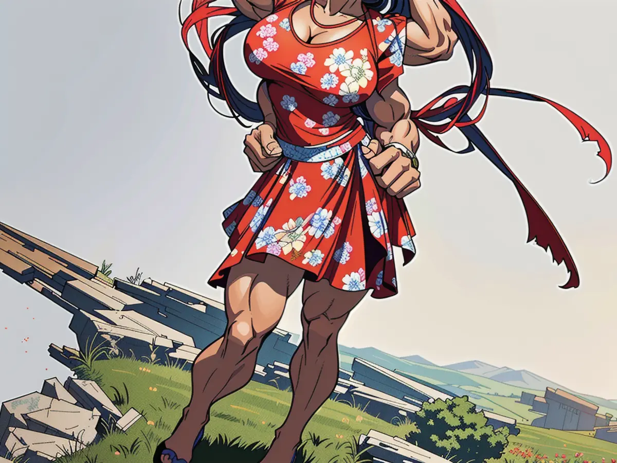 Reviewer donning red floral print halter-neck dress boasting a frilled bottom edge Reviewer donning red floral print bustier dress with frilly bottom hem.