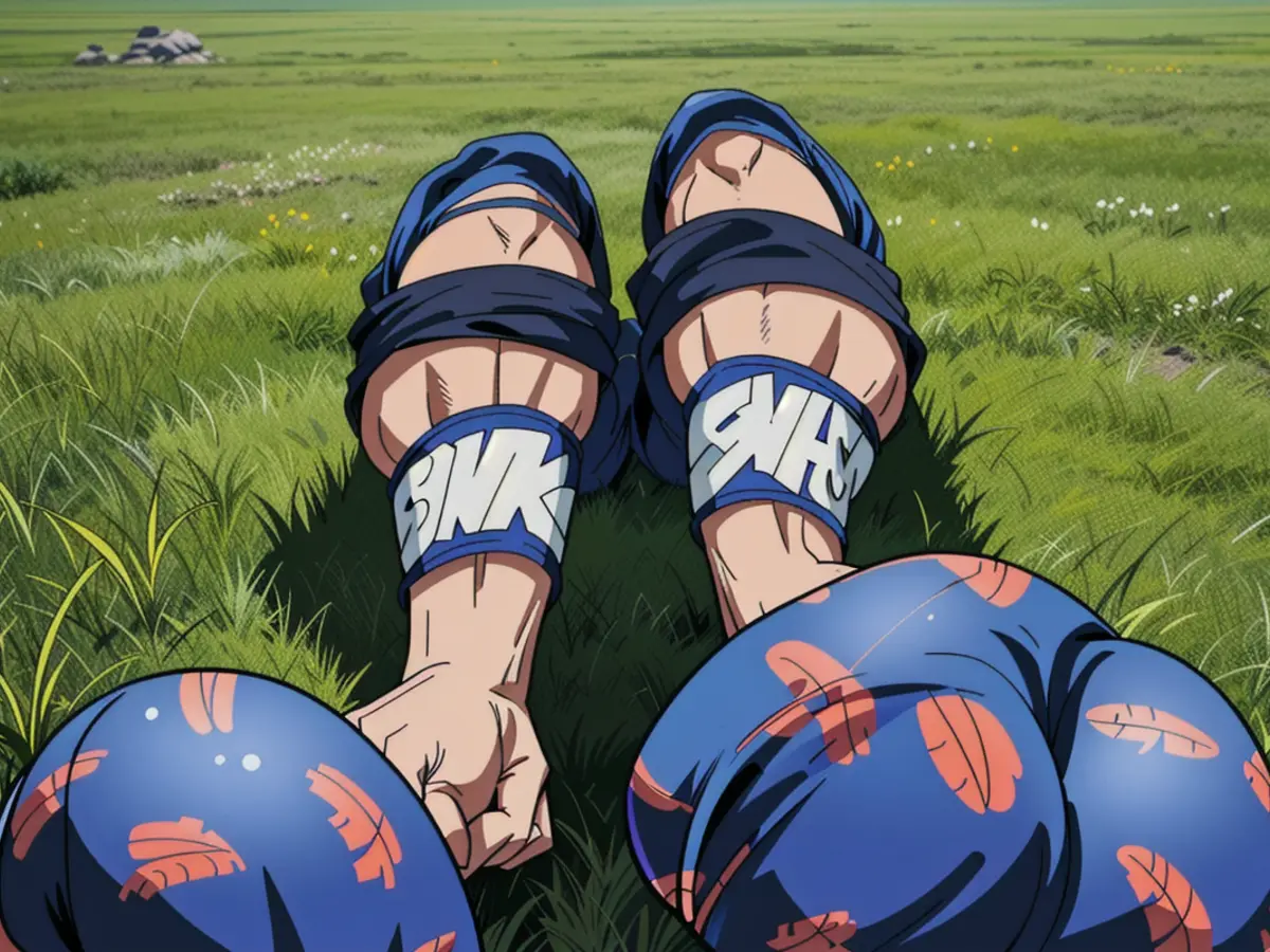 Black Sandal Photograph on Lawn: Detailed Snapshots of Sandals in a Grassy Setting Image of footwear: Black sandals placed on green grass, detailed review provided.