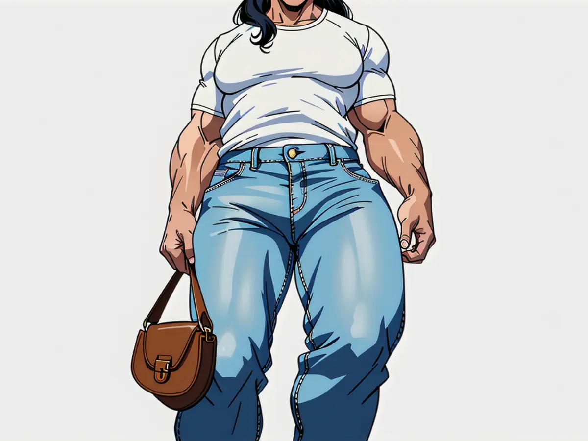Individual sporting a casual outfit: white t-shirt and denim jeans. Individual sporting a white T-shirt and jeans.