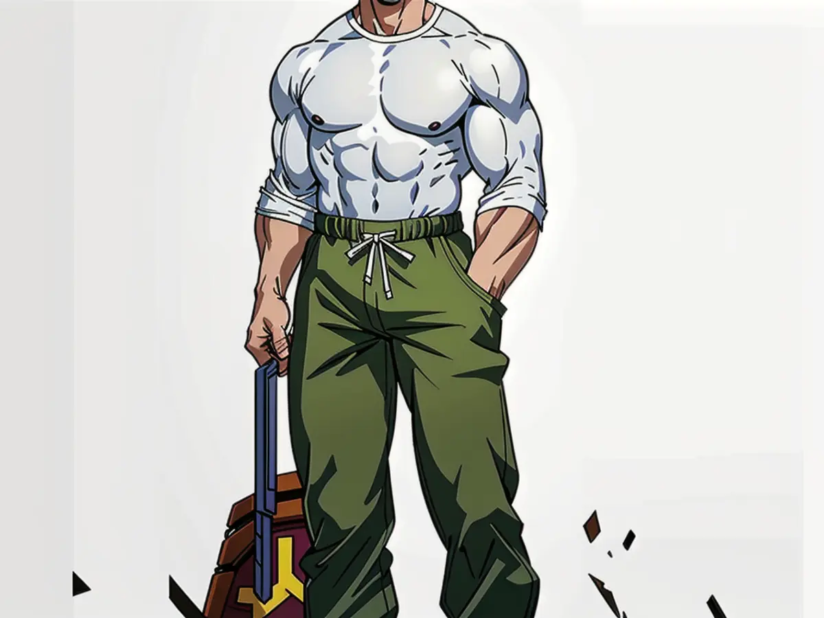Individual donning trousers as apparel Individual donning trousers as outerwear apparel.