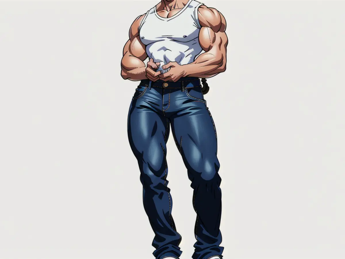 Individual sporting a V-neck top and jeans in latest outfit appearance Individual donning a V-neck top and jeans as attire.