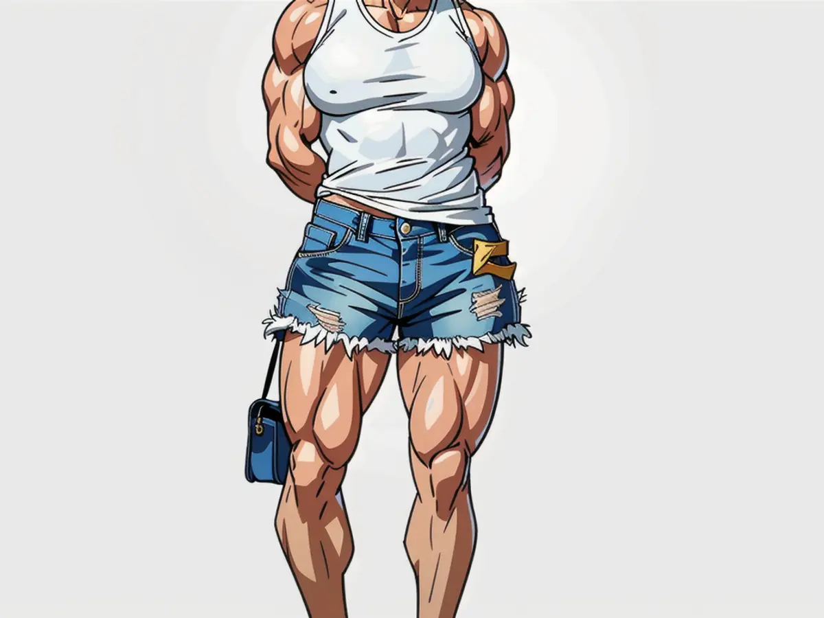 Individual clad in denim shorts showcases wardrobe choice. Individual donning denim shorts fashion ensemble