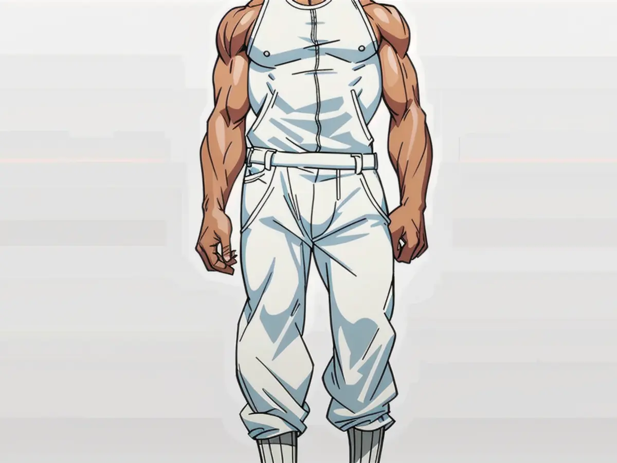 Individual sporting white, sleeveless ribbed jumpsuit Individual sporting white, ribbed, sleeveless overalls