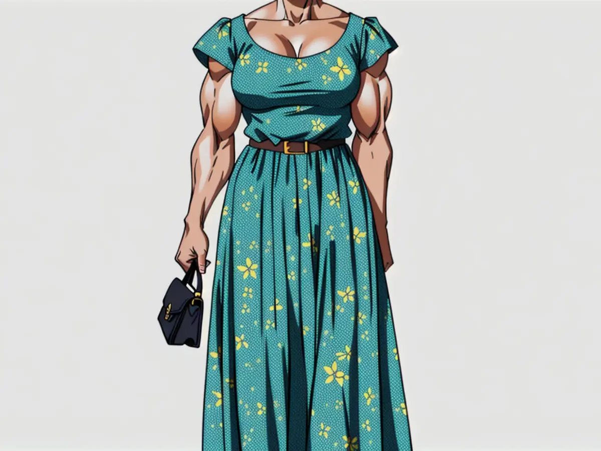 Individual clad in a floral-patterned maxi dress with short sleeves, accessorized with a black handbag and sandals, strikes a pose against a plain backdrop. Individual adorned in a floral-patterned maxi dress with short sleeves, accessorized with a mini black bag and sandals, strikes a pose before a blank canvas.