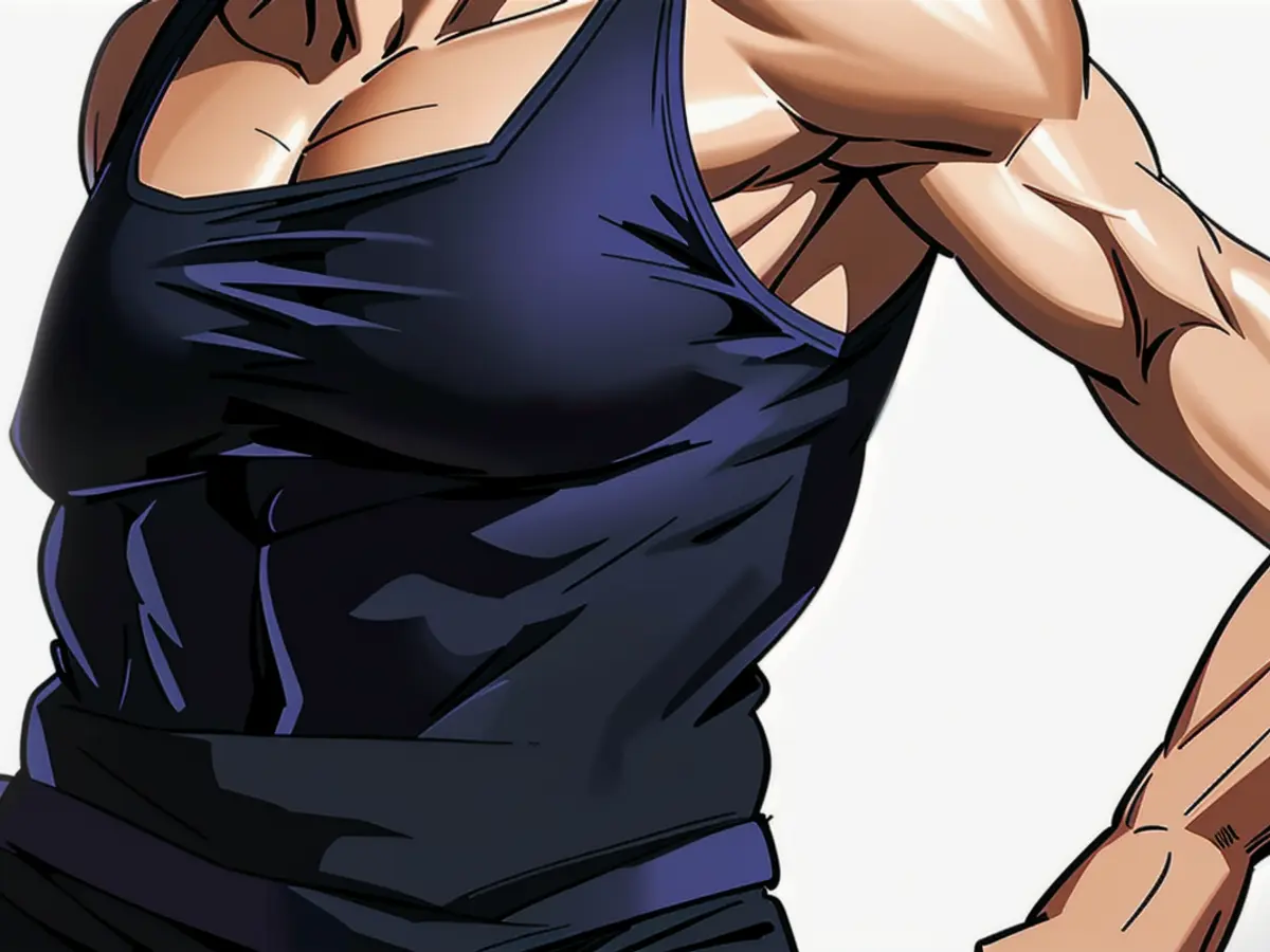 Woman donning sleeveless garment in public setting. Person donned a sleeveless garment as attire.