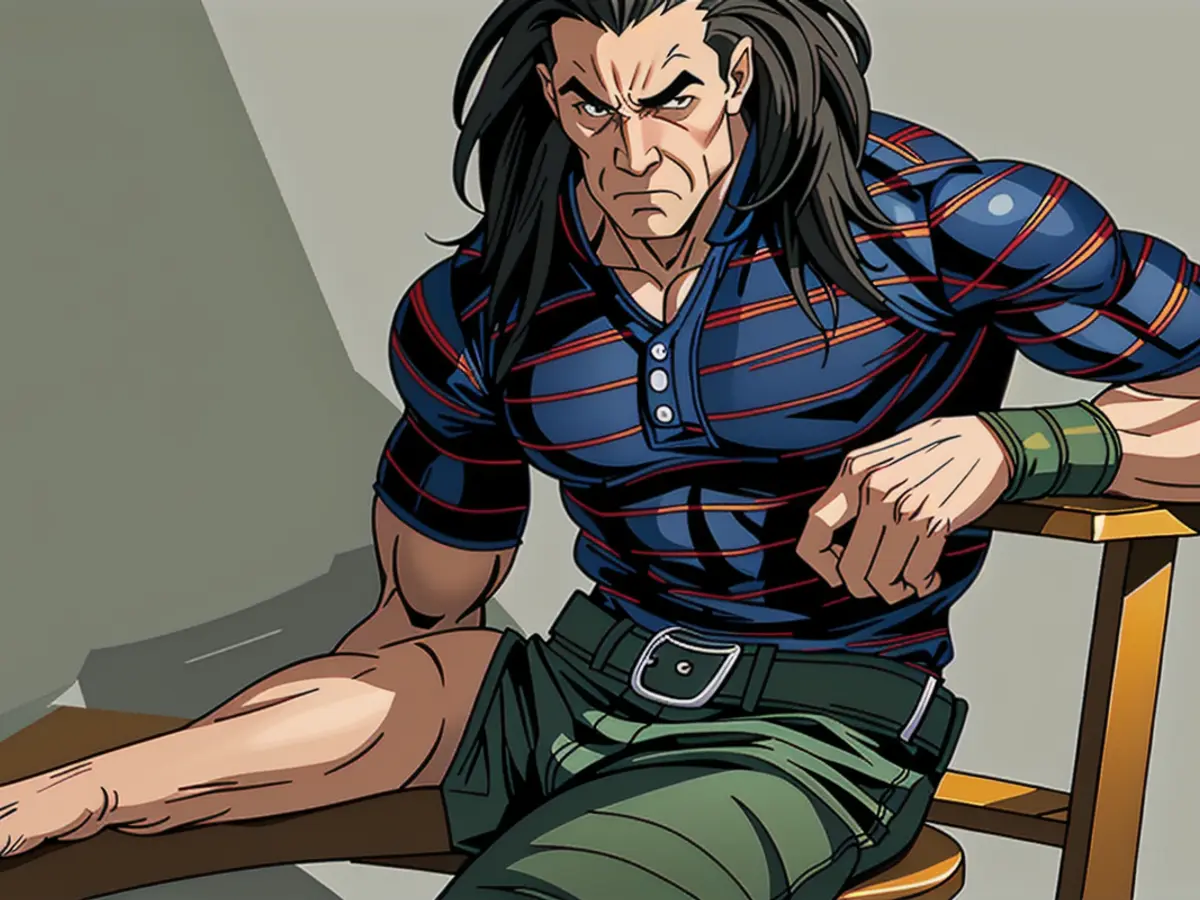 Individual casually positioned in a chair, dressed in a patterned button-up and baggy pants, exhibiting a laid-back posture. Individual lounging in a chair, attired in a striped laced-up top and cargo pants, adopting a casual posture.