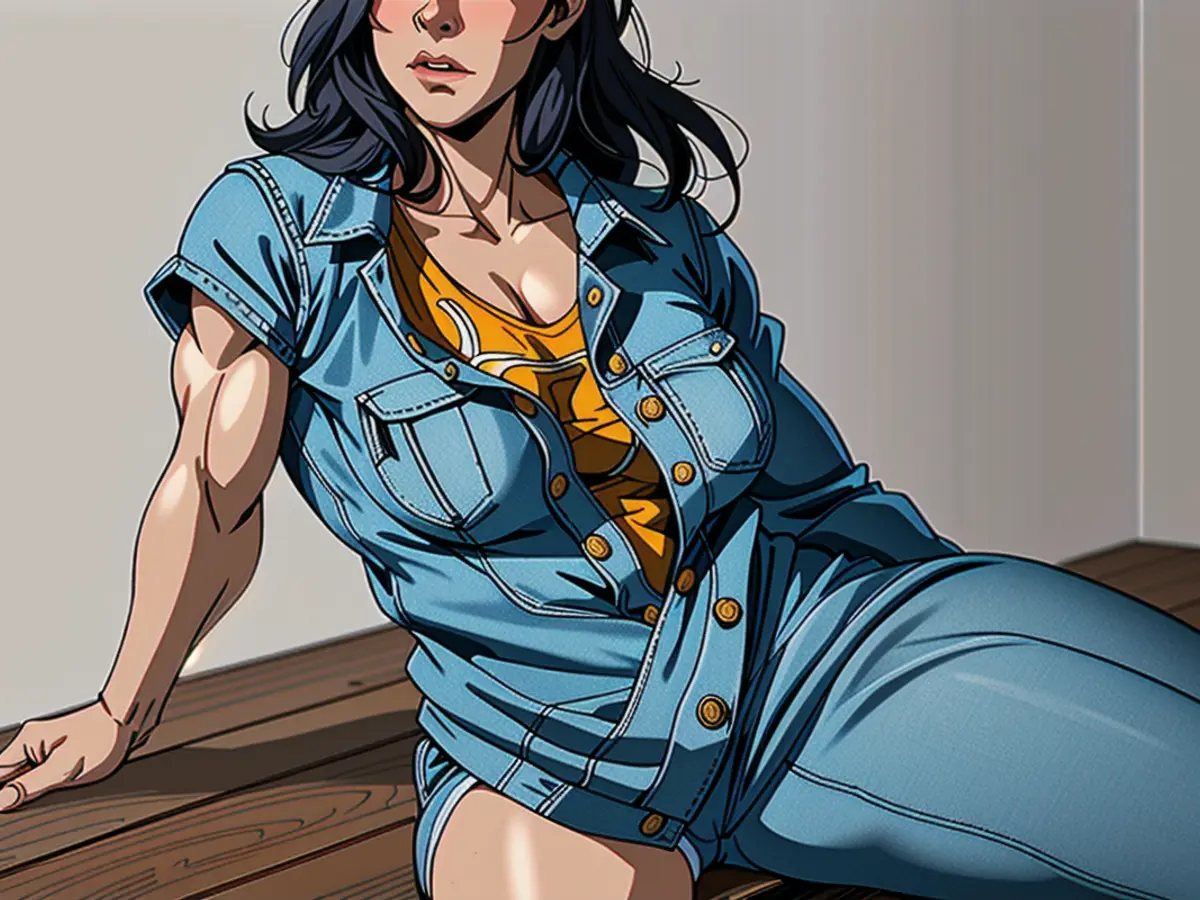 Individual adorned in a patterned attire casually rests on a wooden surface, one arm supporting a denim jacket. Individual clad in patterned attire casually perched on a wooden floor, cradling a denim jacket across her shoulder.